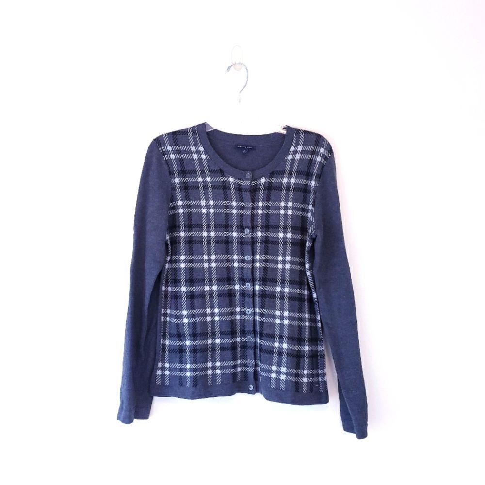 Tommy Hilfiger Gray Plaid Cardigan Sweater Women's Size Medium Crewneck Preppy